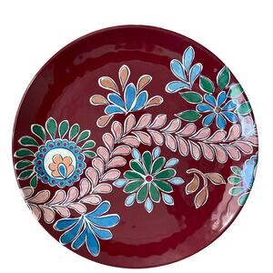 BUNGALOW Set of 4 Melamine 11" Dinner Plates Burgundy Multi Colored Floral NEW